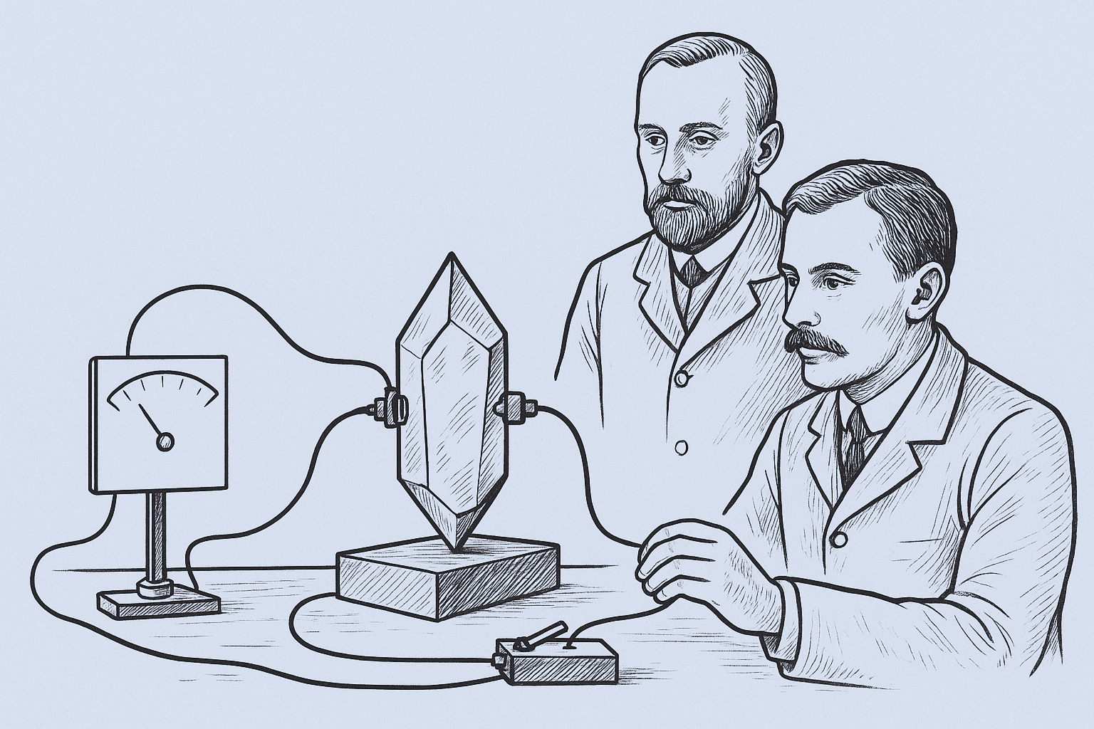Historical illustration of Pierre and Jacques Curie demonstrating the first piezoelectricity experiment using a quartz crystal and electrometer setup.