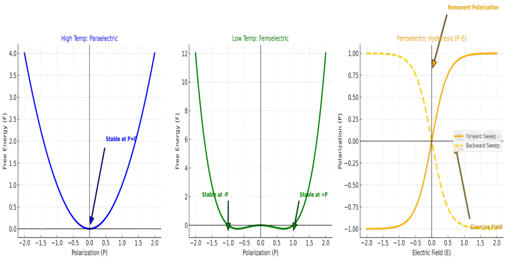 Comparison of free energy and hysteresis in ferroelectrics: (1) High-temperature paraelectric state with single minimum at P=0, (2) Low-temperature ferroelectric state with double minima at ±P₀, and (3) Ferroelectric hysteresis loop (P–E curve) showing remanent polarization and coercive field.