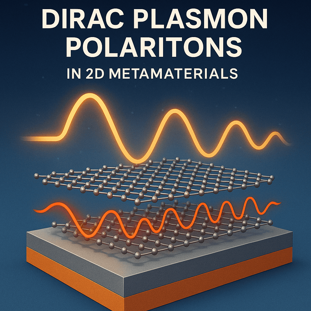 Scientific illustration of Dirac plasmon polaritons in 2D metamaterials with light waves interacting with layered atomic structures