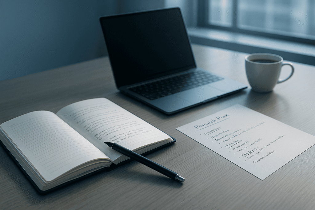 Organized research workspace with laptop, notes, and data charts