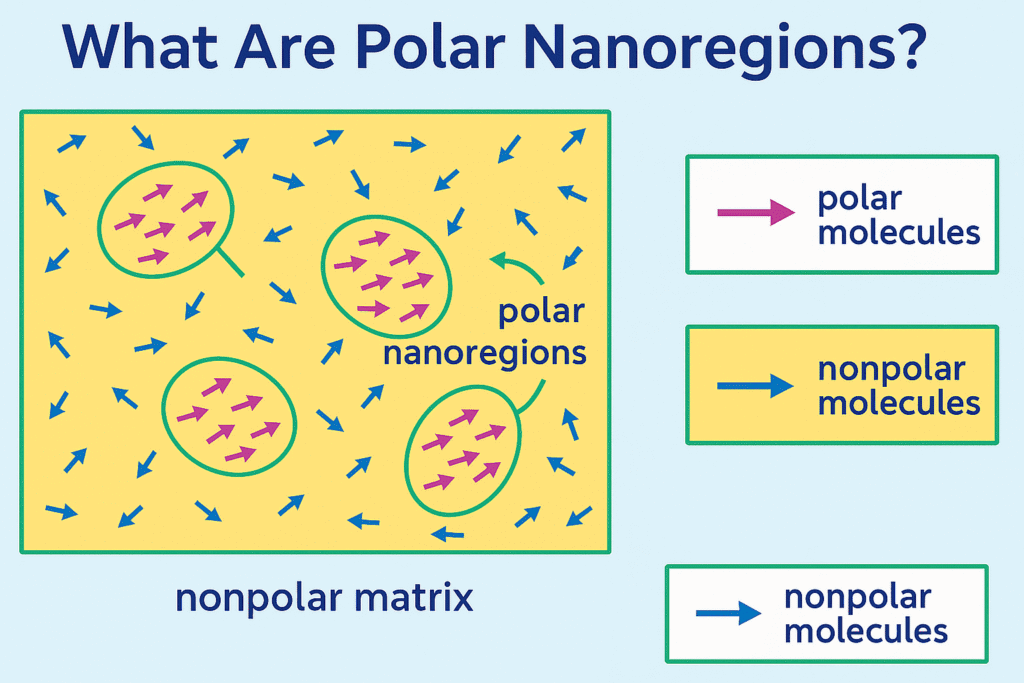 Illustration explaining polar nanoregions in relaxor ferroelectrics, showing polar clusters in a nonpolar matrix with labeled molecules