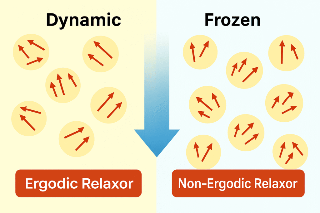 Schematic comparison between ergodic and non-ergodic relaxor ferroelectrics showing dynamic and frozen polar nano regions.