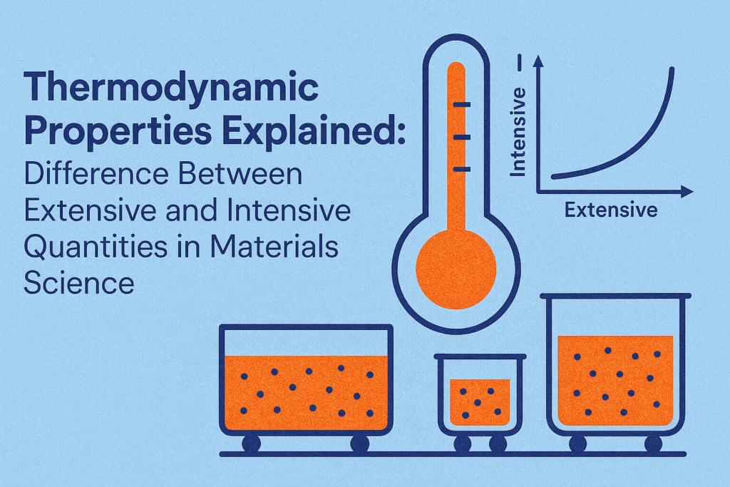 Infographic explaining thermodynamic properties — difference between extensive and intensive quantities in materials science, showing thermometer, graph, and containers illustration."