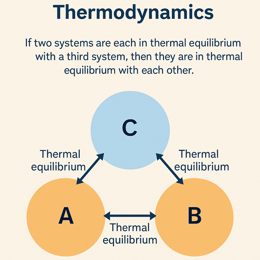Infographic showing the Zeroth Law of Thermodynamics with three systems A, B, and C in thermal equilibrium on a blue background, illustrating temperature balance.