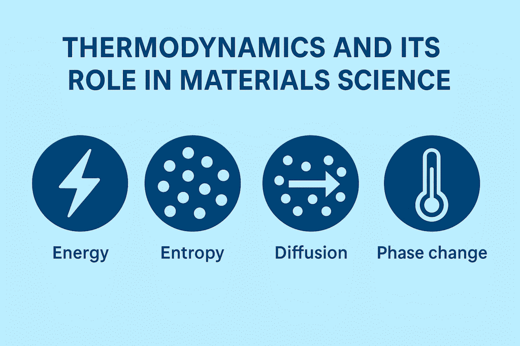 Educational infographic showing the role of thermodynamics in materials science, highlighting four key concepts: energy, entropy, diffusion, and phase change on a light blue background
