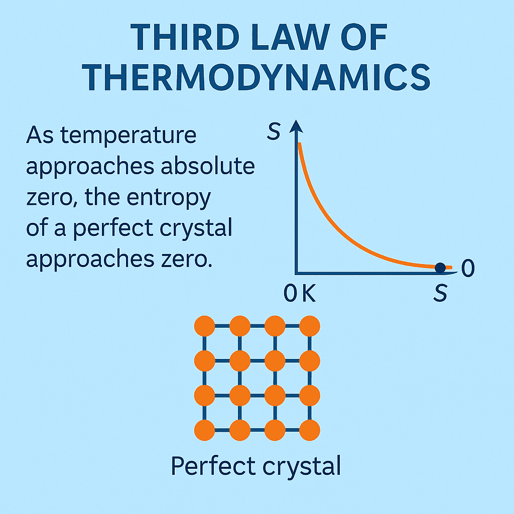 Educational infographic showing the Third Law of Thermodynamics, illustrating that as temperature approaches absolute zero, the entropy of a perfect crystal approaches zero, with a graph and crystal lattice structure on a light blue background.