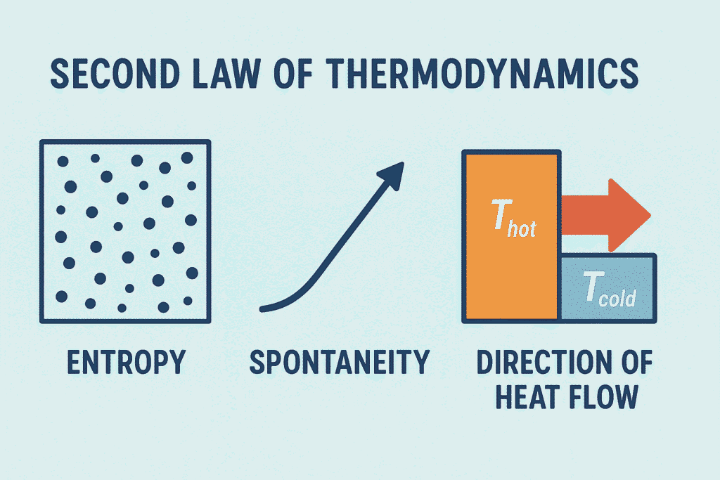 Educational infographic illustrating the Second Law of Thermodynamics, showing entropy increase, spontaneity of processes, and heat flow from a hot body (hot) to a cold body (cold) on a light blue background.