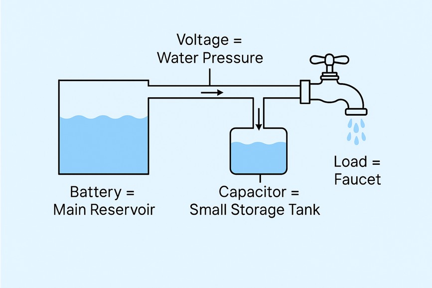 Diagram showing water tank analogy of a capacitor in a DC circuit, where the battery acts as the main reservoir, the capacitor as a small storage tank, and the load as a faucet demonstrating how a capacitor stabilizes voltage
