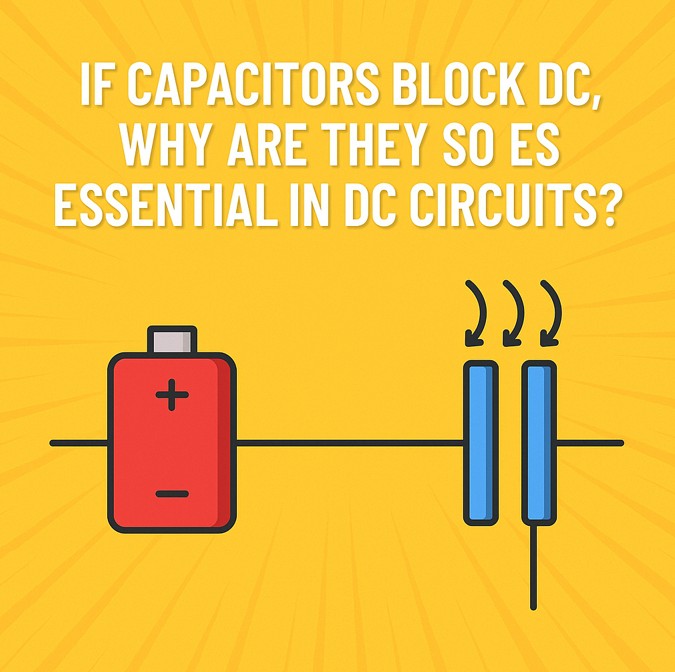 Illustration showing a DC battery connected to a capacitor with the question, “If capacitors block DC, why are they so essential in DC circuits?”