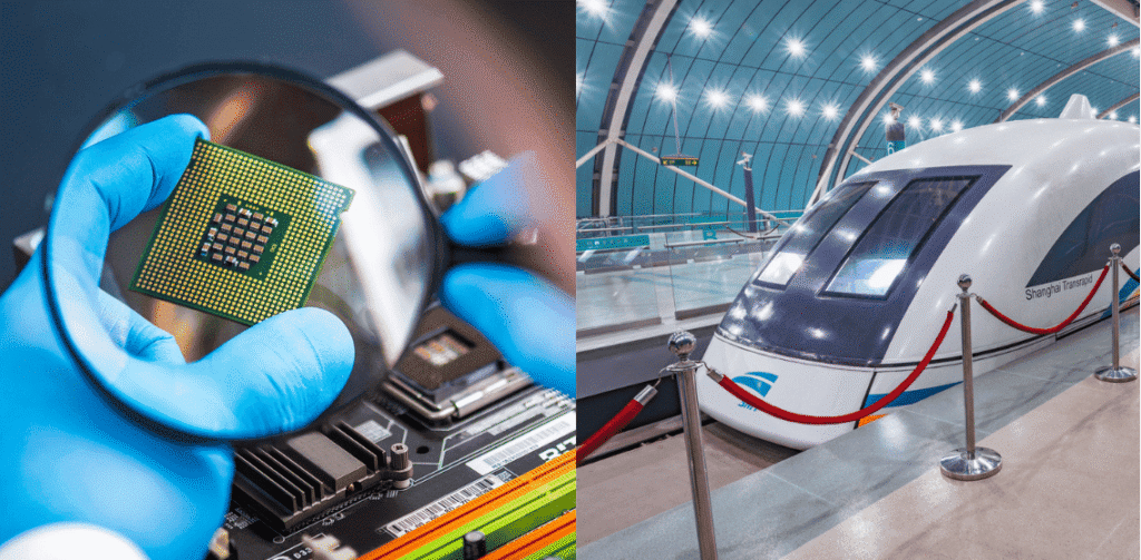 MRAM chip and maglev train demonstrating real-world applications of magnetoresistance and superconductivity in magnetic nanoceramics.