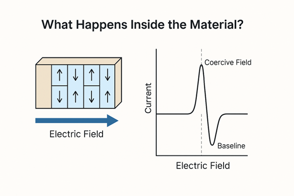 Illustration showing ferroelectric domain switching inside a material and the corresponding current–electric field peak at the coercive field in an I–t graph.