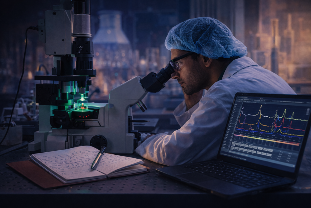 “Materials science researcher analyzing nanotechnology samples under a microscope with real-time data graph on laptop in advanced laboratory.