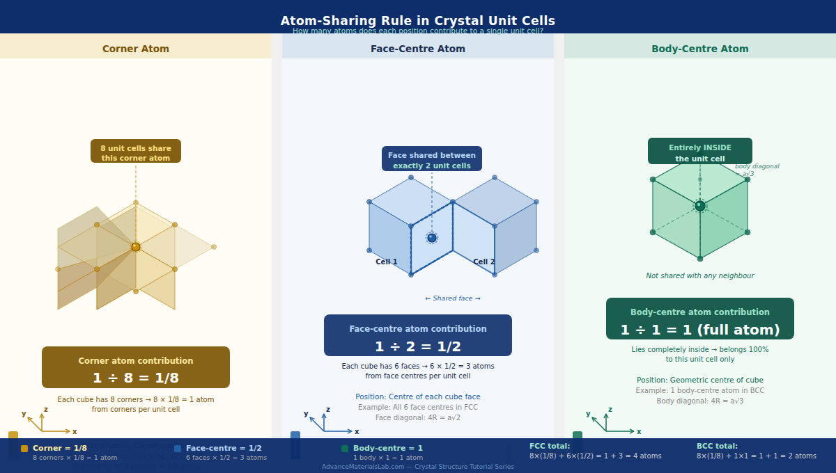 Atom sharing rule in unit cell showing corner atom 1/8 contribution face centre atom 1/2 and body centre atom full contribution materials science crystal structure