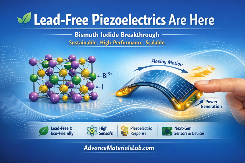 Infographic showing lead-free bismuth iodide piezoelectric crystal structure and a flexible device generating electricity under bending, promoting sustainable next-generation sensors. AdvanceMaterialsLab.com.