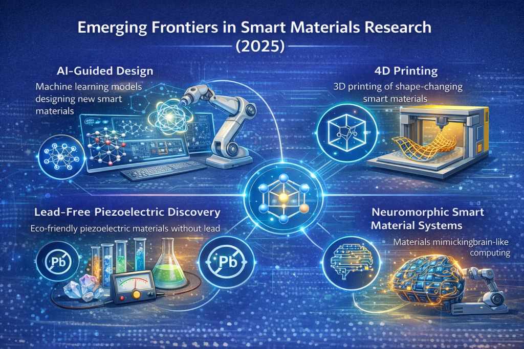 Infographic showing emerging frontiers in smart materials research including AI-guided materials design, 4D printing, lead-free piezoelectric materials, and neuromorphic smart material systems
