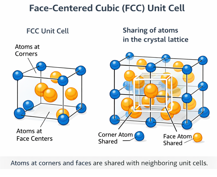 Face-centered cubic (FCC) unit cell showing atoms at cube corners and face centers with atomic sharing between neighboring unit cells in crystal lattice.