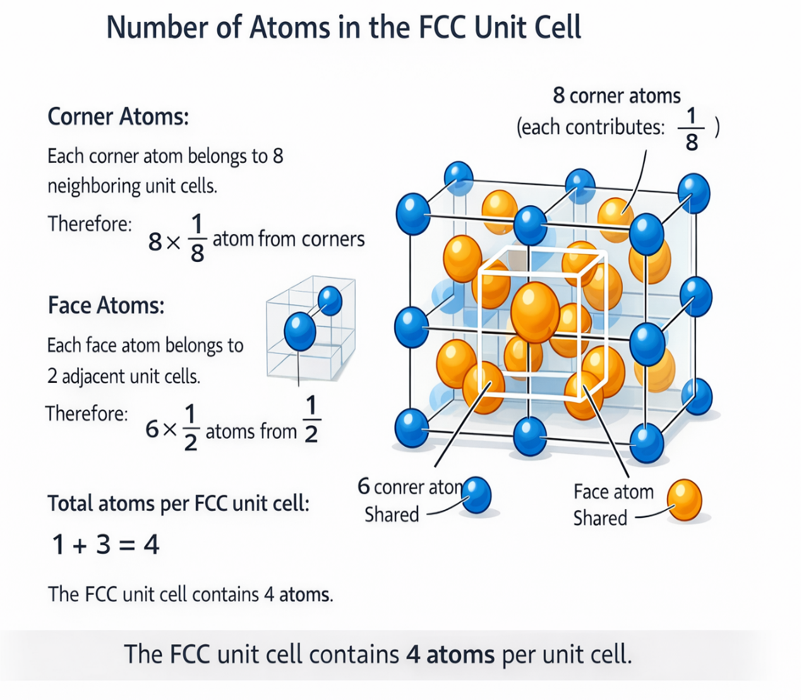 FCC unit cell atom count diagram showing corner atoms contributing 1/8 each giving 1 atom and face-centre atoms contributing 1/2 each giving 3 atoms for total 4 atoms per FCC unit cell crystallography materials science