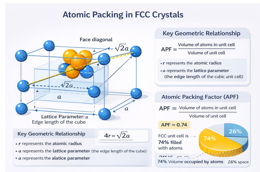 Atomic packing in FCC crystal structure showing atoms touching along face diagonal 4R equals a root 2 APF 74 percent ABCABC close-packed stacking sequence {111} planes coordination number 12