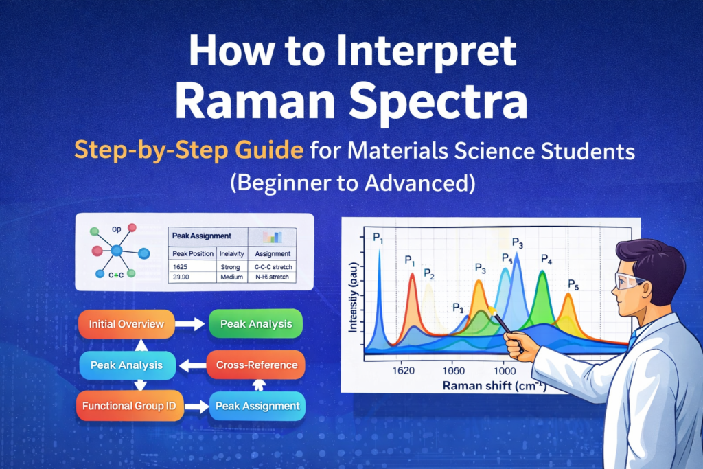 Illustration showing step-by-step Raman spectra interpretation including peak analysis, functional group identification, peak assignment, and Raman shift graph