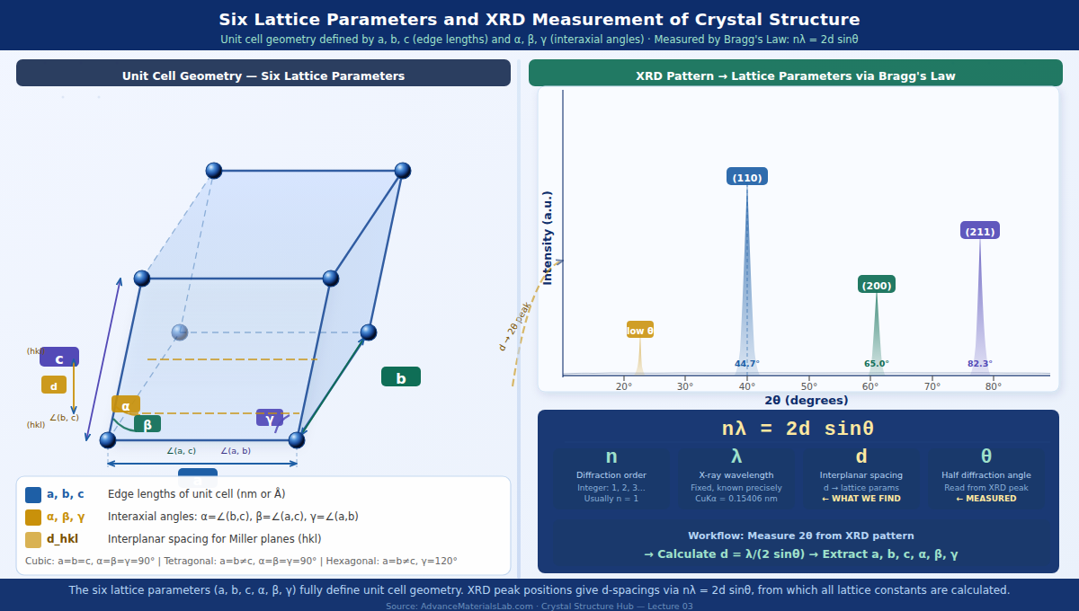 Six lattice parameters a b c alpha beta gamma of unit cell and X-ray diffraction XRD pattern showing how Bragg diffraction peaks are used to measure lattice constants crystallography