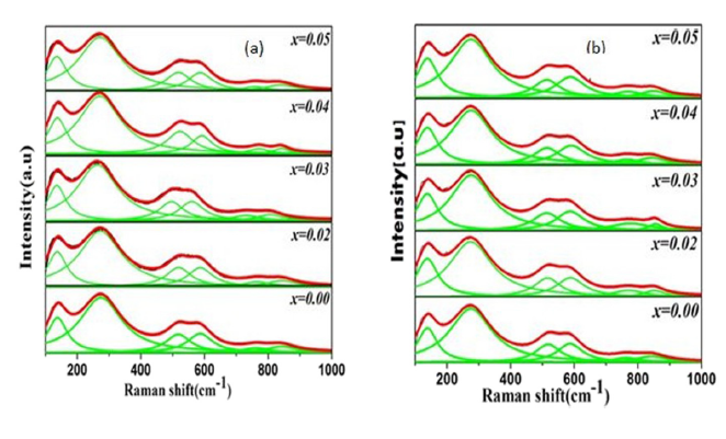 Raman spectra of La³⁺ and Sc³⁺ doped Bismuth Sodium Titanate ceramics showing peak evolution with doping concentration