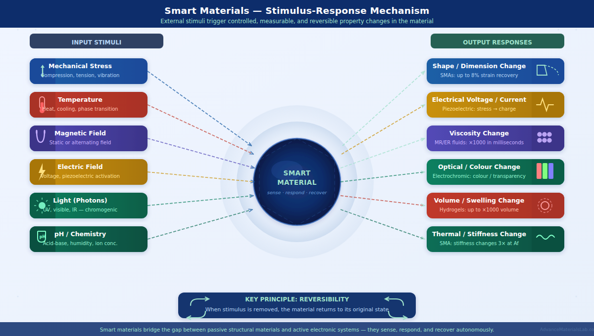 Smart materials classification overview showing piezoelectric shape memory alloy magnetostrictive electrochromic and hydrogel materials with stimulus-response arrows materials science AdvanceMaterialsLab