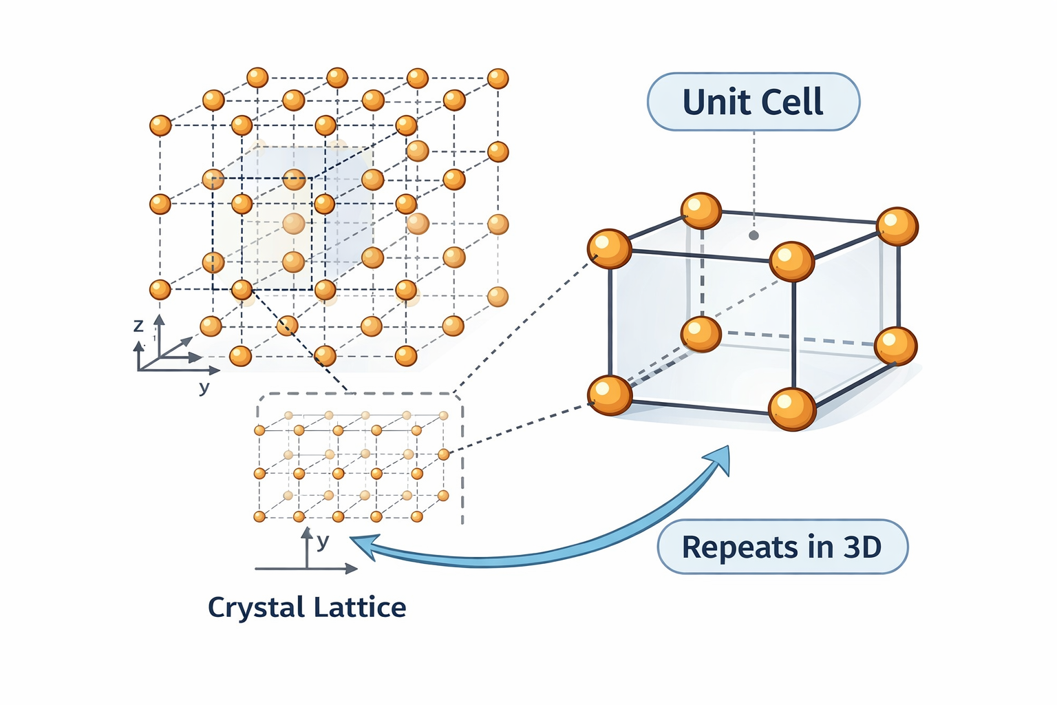 Unit cell as the smallest repeating building block of a crystal lattice showing how translating the unit cell in three dimensions generates the complete crystal structure materials science crystallography