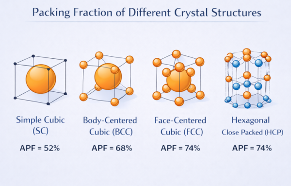 Packing fraction and atomic packing factor comparison of SC BCC FCC HCP crystal structures showing APF percentages — AdvanceMaterialsLab.com