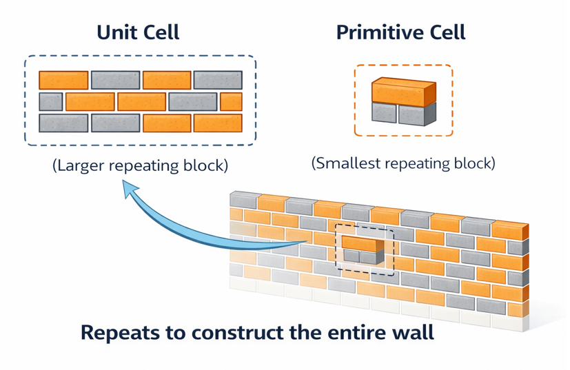 Diagram explaining the difference between unit cell and primitive cell using a brick wall analogy showing larger repeating block and smallest repeating block in a crystal lattice
