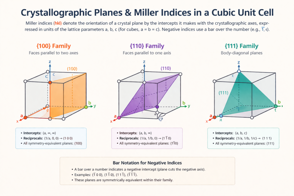 Miller indices bar notation negative indices diagram showing (100) (110) (111) planes with bar-one notation for negative intercepts crystallographic plane families hkl notation crystal structure
