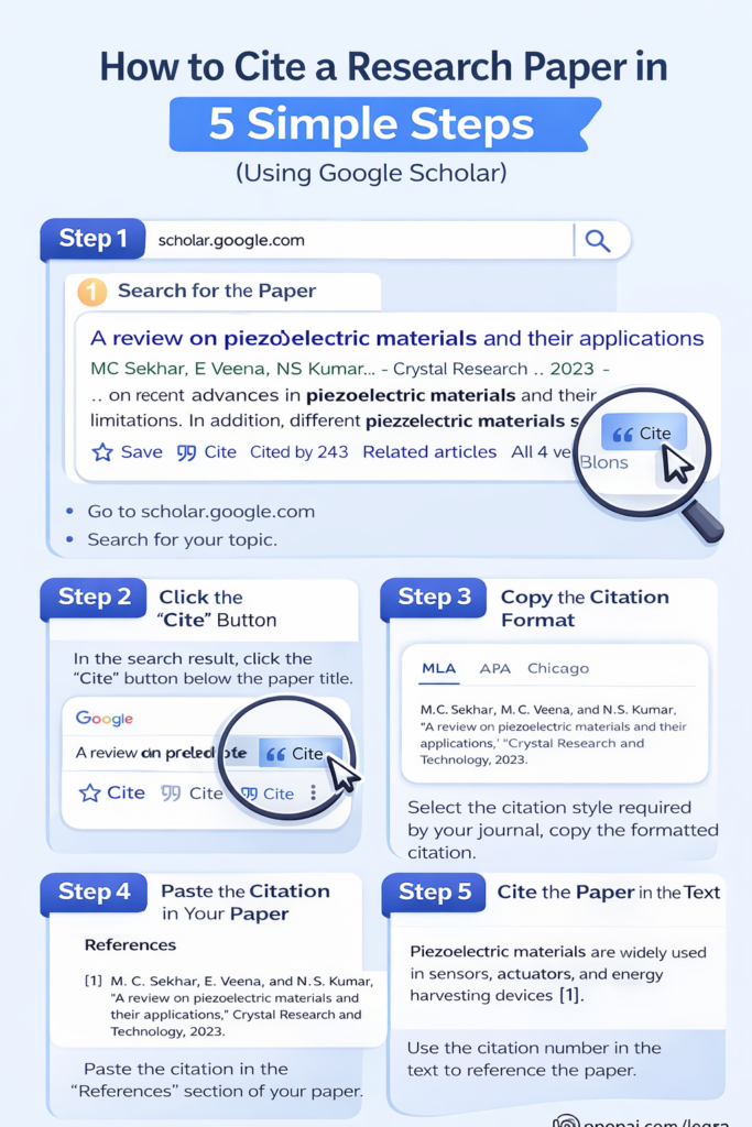 Infographic showing how to cite a research paper using Google Scholar in five simple steps including search, cite button, citation format, reference list, and in-text citation.