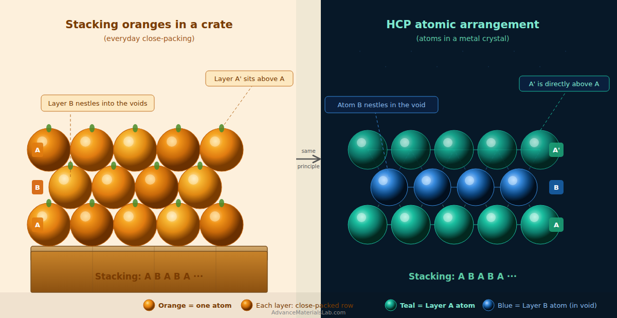 Orange stacking analogy explaining HCP crystal structure ABABAB layer arrangement Layer A Layer B close-packed materials science education AdvanceMaterialsLab
