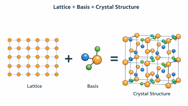 Lattice plus basis equals crystal structure diagram showing how periodic lattice points combined with a basis of atoms produces the complete crystal structure of a material crystallography