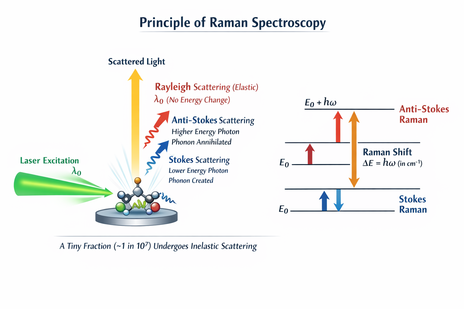 Raman spectroscopy working principle schematic laser beam incident sample Rayleigh elastic scattering Stokes Raman anti-Stokes inelastic scattering energy level diagram virtual state phonon creation materials science