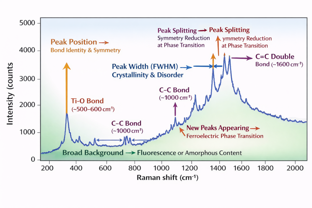 Annotated Raman spectrum showing peak position for bond identification, peak width (FWHM) indicating crystallinity and disorder, peak splitting due to symmetry reduction, new peaks from ferroelectric phase transition, and broad fluorescence background with Ti-O, C-C, and C=C bond positions