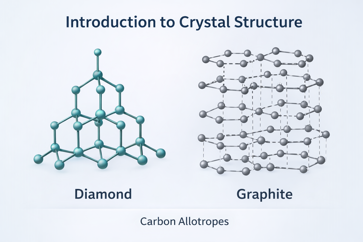 Comparison of diamond and graphite crystal structures showing carbon allotropes diamond cubic three-dimensional tetrahedral network versus graphite layered hexagonal sheets materials science