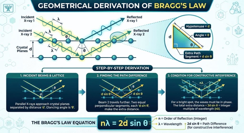 Infographic showing the step-by-step geometrical derivation of Bragg's Law with path difference calculation