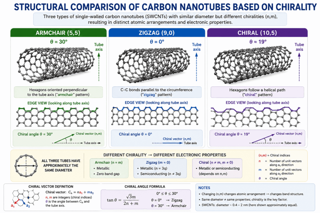 Infographic comparing armchair, zigzag, and chiral carbon nanotubes showing hexagonal lattice orientation, chiral angle, tube axis, and electronic properties based on chirality indices.