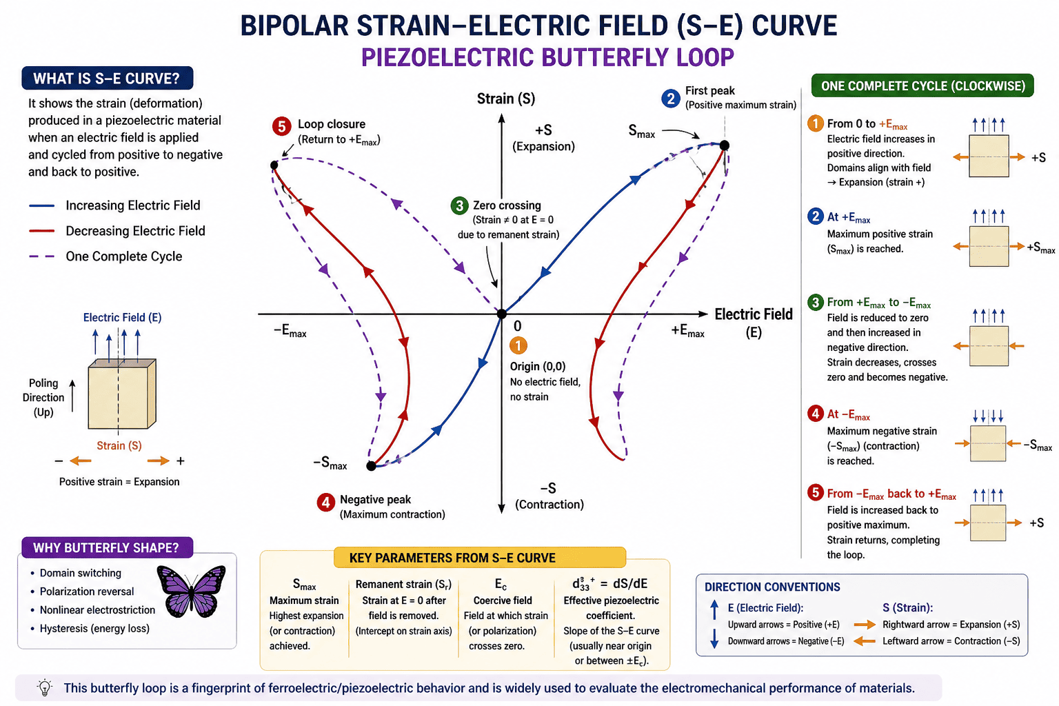 Publication-quality infographic showing the bipolar strain-electric field (S-E) butterfly loop in piezoelectric materials with domain switching mechanism, hysteresis behavior, polarization reversal, positive and negative strain, remanent strain, coercive field, and effective piezoelectric coefficient d33.