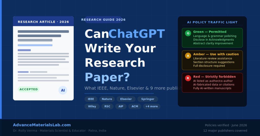 Can ChatGPT write your research paper? AI policy guide showing permitted, caution, and forbidden uses of ChatGPT for academic publishing across IEEE, Nature, Elsevier, Springer, Wiley, ACM, and other publishers.