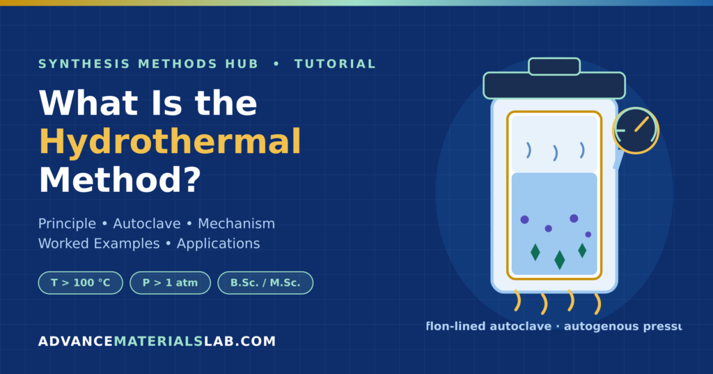 Hydrothermal method explained — Teflon-lined stainless steel autoclave cross-section showing precursor solution, vapor space with autogenous pressure, and growing crystals at T above 100 °C and P above 1 atm