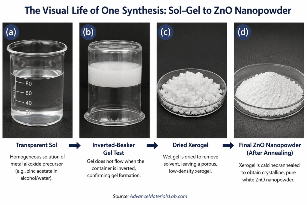Four-step visual showing the sol–gel synthesis of ZnO nanoparticles, including transparent sol, inverted beaker gel test, dried xerogel, and final white ZnO nanopowder after annealing.