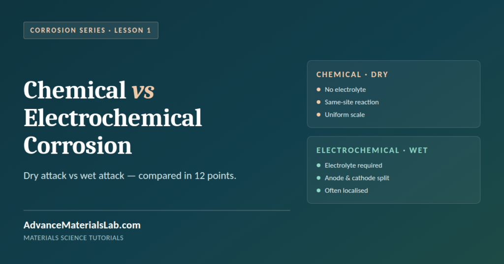 Chemical vs electrochemical corrosion comparison: dry attack has no electrolyte, wet attack splits into anode and cathode