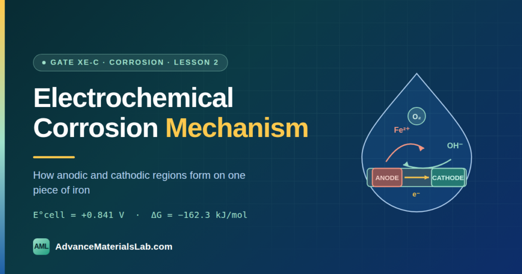 Electrochemical corrosion mechanism of iron showing anodic and cathodic regions, electron flow, Fe²⁺ and OH⁻ ions