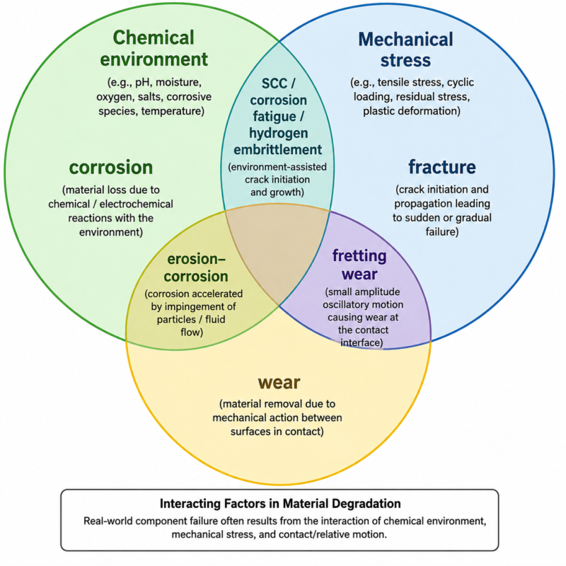 Venn diagram of the three drivers of material degradation. Chemical environment alone gives corrosion, mechanical stress alone gives fracture, and contact with relative motion alone gives wear. The overlaps are labelled stress corrosion cracking, corrosion fatigue and hydrogen embrittlement; erosion-corrosion; and fretting wear.