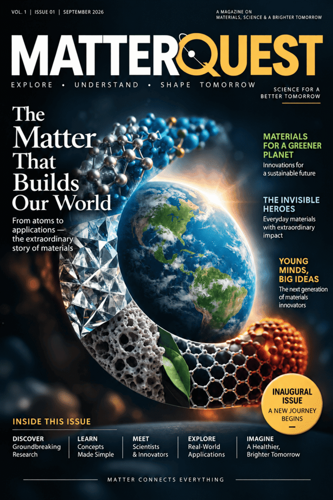 Earth surrounded by crystal structures, porous materials, molecular models, graphene and sustainable materials, representing innovations in materials science.