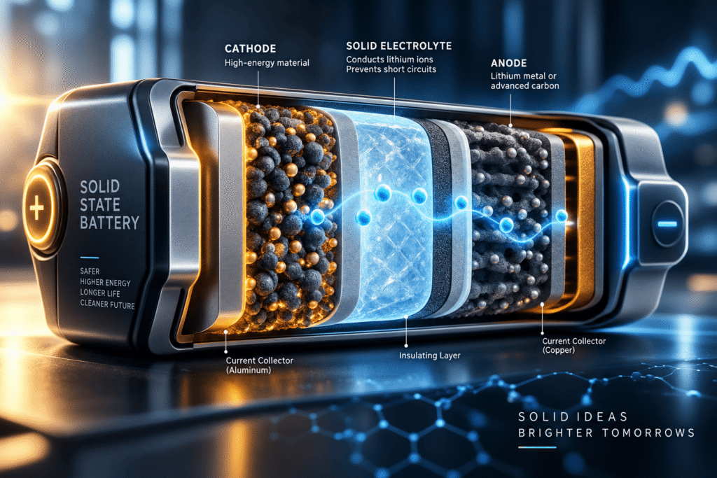 Futuristic solid-state battery cutaway showing cathode, solid electrolyte, anode, current collectors, insulating layer and lithium-ion transport.
