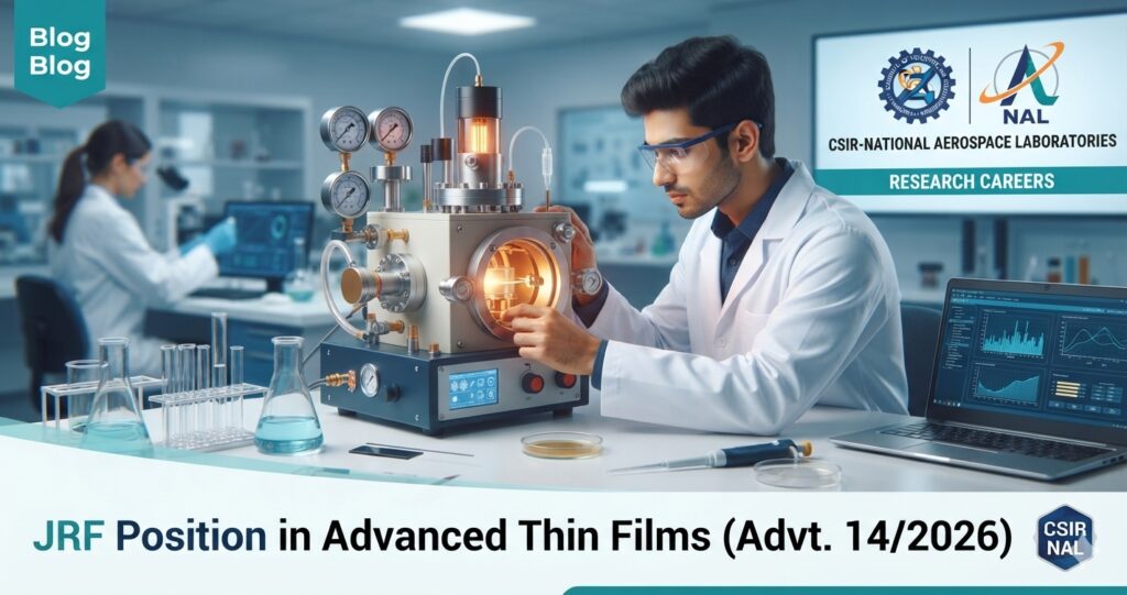A male researcher working with an advanced thin film deposition vacuum chamber system in a CSIR National Aerospace Laboratories lab for a JRF position.