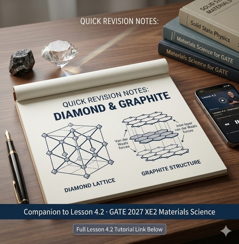 An open notebook displaying detailed atomic structures of diamond lattice and graphite layers, alongside a model diamond, graphite stone, engineering textbooks, and a smartphone on a wooden desk.