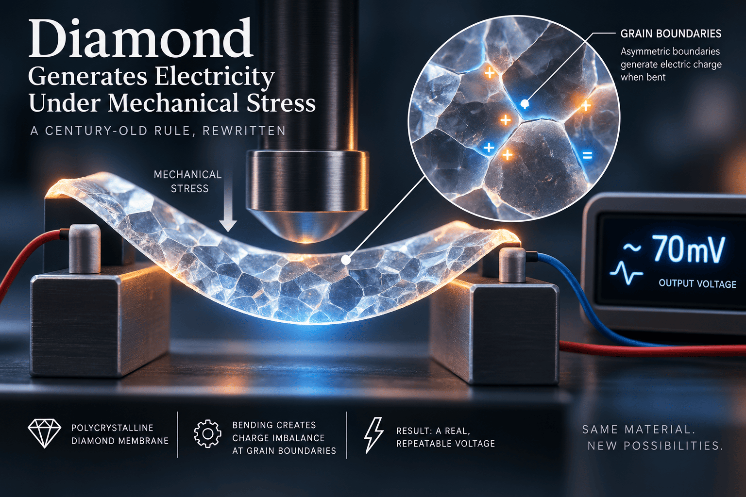 Ultrathin polycrystalline diamond membrane showing piezoelectric response during bending